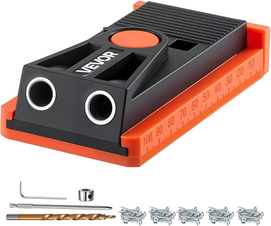 VEVOR Pocket Hole Jig Kit, 1/2 to 1-1/2 in Adjustable, Mini Jig Pocket Hole System with Step Drill, Hex Wrench, Drill Stop Ring, Square Drive Bit, and Screws, Reinforced Nylon Frame, for Woodworking