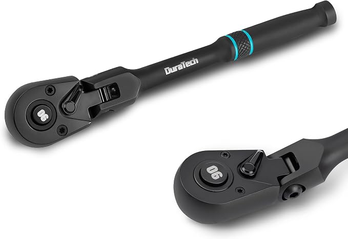 DURATECH 1/4-Inch Drive Flex-Head Ratchet, 90-Tooth Quick-Release Ratchet Wrench with 180° Pivoting Head and 7-Position Setting, Reversible, CR-V Made, CR-MO Head, 4° Swing, Black Mn Phosphate Finish