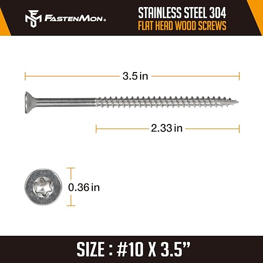 304 Stainless Steel Deck Screws, #10 x 3-1/2", 300 PCS | Torx Flat Head Type 17 Point with T25 Bit, Ideal for Outdoor Wood Projects, Fences, Benches, Picnic Tables, Decks, Bulk Box