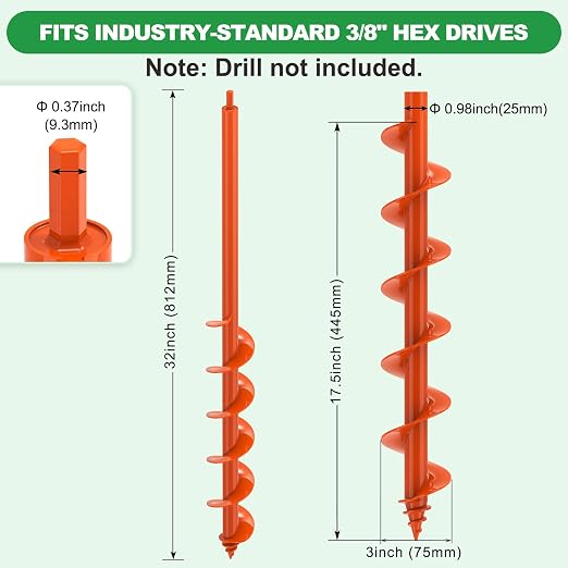 SELEWARE Auger Drill Bit for Planting 3"x32" Drill Auger for 3/8" Hex Drive | Orange Heavy-Duty Steel Garden Auger Drill Bit, Bulb Planter Tool, Auger Post Hole Digger for Bulbs, Flowers, Fence Posts