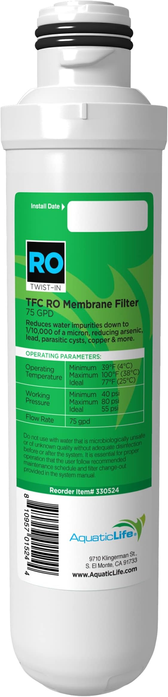 AquaticLife Twist-In 75 GPD RO Membrane Replacement Filter Cartridge for Reverse Osmosis Deionization Water Filter System RO/RODI Units
