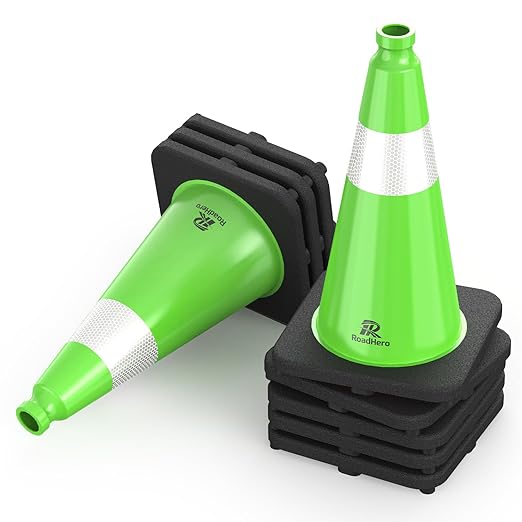 RoadHero 8 Pack Traffic Safety Cones 18 Inch with Black Weighted Base, Plastic PVC Lime Green Cone with Reflective Collar, Cones for Parking Lot, Construction Events, Road Safety