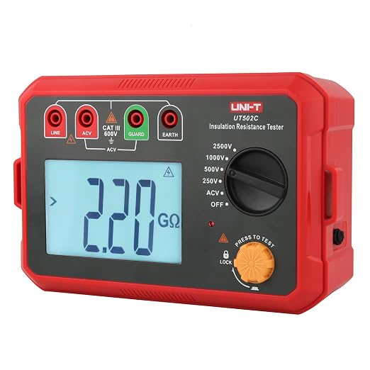 UNI-T Megohmmeter,UT502C Digital Insulation Resistance Tester,2.5KV-20GΩ megger Tester with 30V-75V AC Voltage Measurement Backlight Auto Range for Transformer, Cable Switch，Motors, HVAC Maintenance