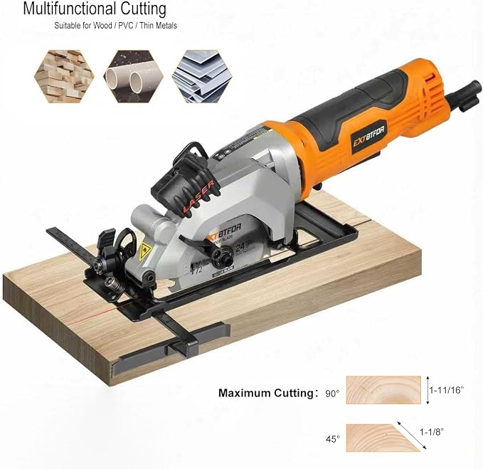 4.8A Power Circular Saw Corded,4000RPM Laser Guide 45° Max Angle Adjustment | Mini Circular Saw Maximum Cutting 1-11/16" at 90° and 1-1/8"at 45° for Wood, Soft Metal, Plastic