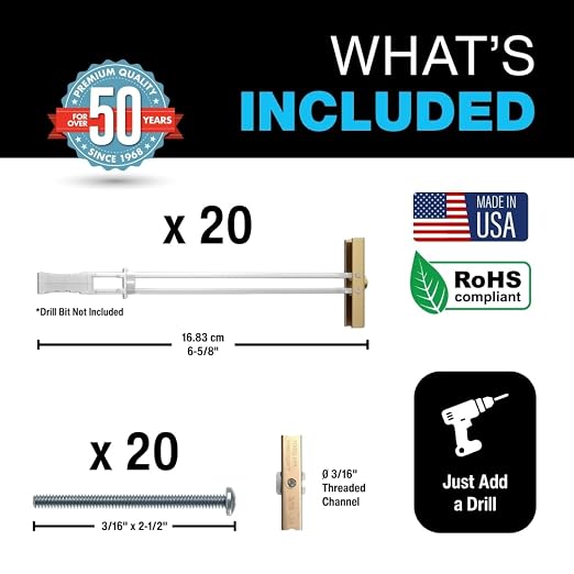 TOGGLER SNAPTOGGLE Heavy-Duty Drywall Toggle Bolt – 3/16"-24 UNC Zinc-Plated Anchor for Hollow Walls, Plaster & Tile – Holds 238 lbs in 1/2" Drywall, Easy Install – 2 Pack (Bolts Included)