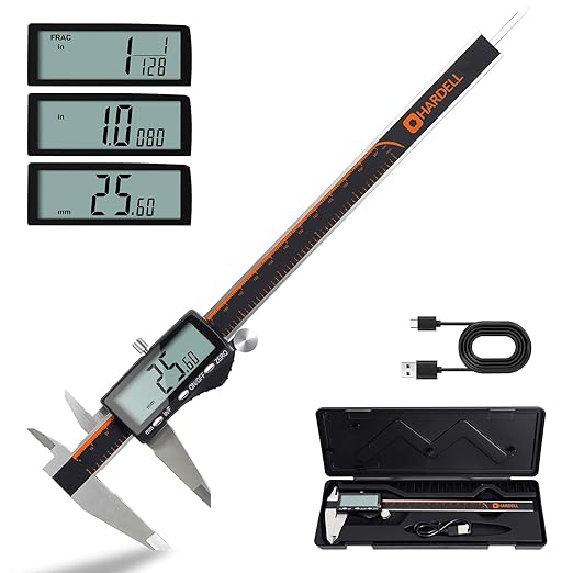HARDELL Digital Caliper, Rechargeable 0-8 Inch Calipers Measuring Tool with Large LCD Screen, Inch/MM/Fraction, Stainless Steel, Auto-Off, Vernier Caliper Digital Micrometer for DIY