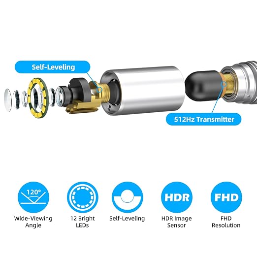 Sanyipace Sewer Camera Probe with Self-Leveling, 512Hz Sone, 1080P FHD Borescope, 12 PCS LED Lights, Plumbing Accessories, IP68 Waterproof (ONLY for Sanyipace Sewer Camera, Model: S610ASMKTCP)