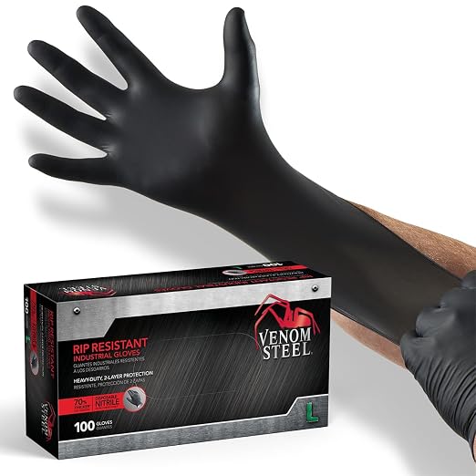 Venom Steel Industrial Nitrile Gloves, Chemical Resistant Disposable Black Gloves, Latex-Free, Powder-Free, Textured Grip, Heavy Duty Two-Layer Protection, 6 mil, Large, (Pack of 1000)