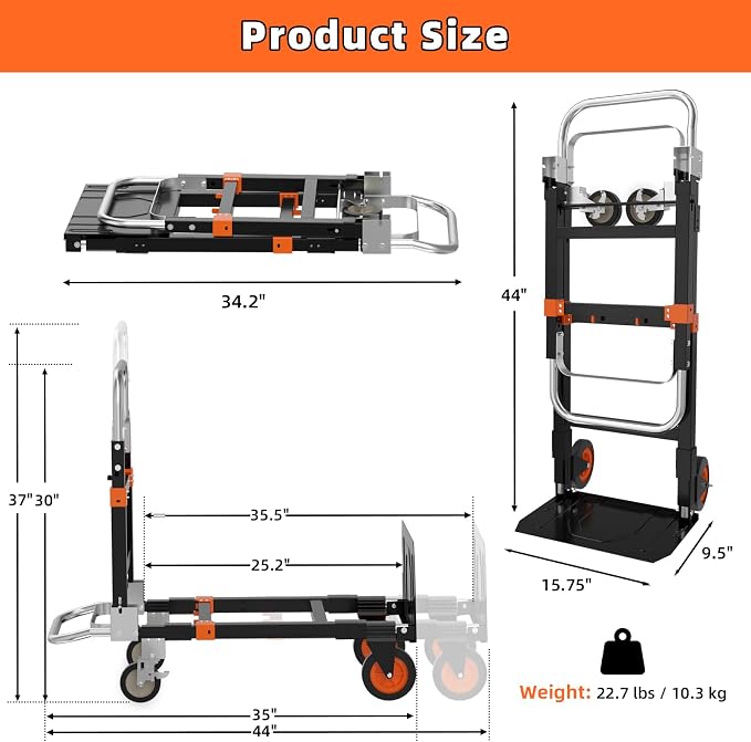 3 in 1 Hand Truck, 600Lbs Capacity, Heavy Duty Collapsible Cart with Retractable Handle, Dolly Cart with 2 Universal Wheel with Brake for Moving Home, Office, School, Shopping, Warehouse, Orange