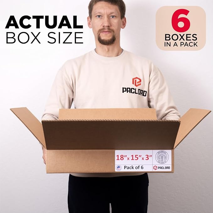 Flat Cardboard Boxes 18"L x 15"W x 3"H (Pack of 6) - USA-Made Packing Boxes for Moving, Shipping, or Storage - USPS, UPS, FedEx Approved - Professional Packing Supplies for Moving | USA-Made Packing Boxes for Moving, Shipping, or Storage - USPS, UPS, F...