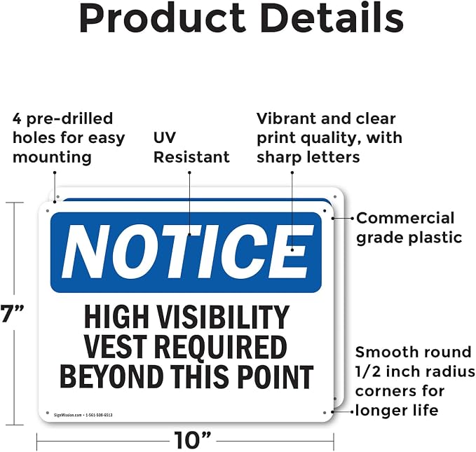 (2 Pack) High Visibility Vests Required Beyond This Point OSHA Notice Sign 10 Inch X 7 Inch Plastic Sign, Weather Resistant, UV Protected for Workplace, Business, and Construction Site, Made in the USA