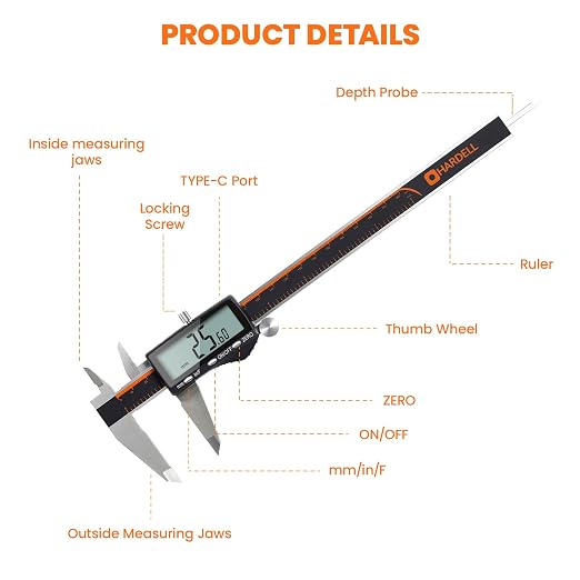 HARDELL Digital Caliper, Rechargeable 0-8 Inch Calipers Measuring Tool with Large LCD Screen, Inch/MM/Fraction, Stainless Steel, Auto-Off, Vernier Caliper Digital Micrometer for DIY