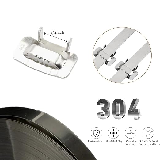 304 Stainless Steel Strapping Tape, 3 Rolls of 100 Ft Length 304 Material Steel Coil, 200 Pcs Ear-Lokt Buckles, for Heavy Duty, Heavy Load, Transportation Pallet Strapping