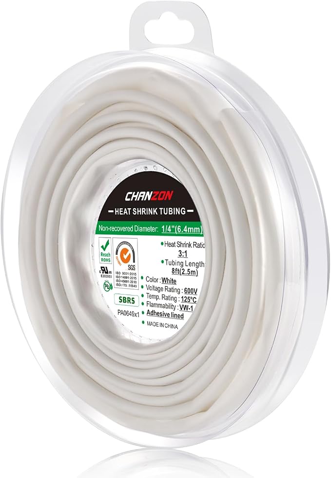 Chanzon 3:1 Ratio 1/4" (6.4mm) Heat Shrink Tubing - Marine Grade Waterproof Adhesive Lined - 8Ft Roll (2.5M Total Length) White Polyolefin Sleeving Wrap Shrinking 3 to 1 Ratio 1pcs