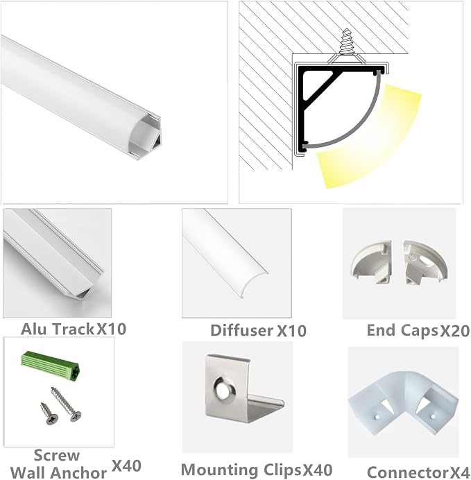 THMOOTHER V Shape 6.6FT 200CM LED Strip Aluminum Channel Diffuser, 10-Pack 16x16MM Anodized Silver Track with Curved Milky Cover, Corner Connector and Mounting System