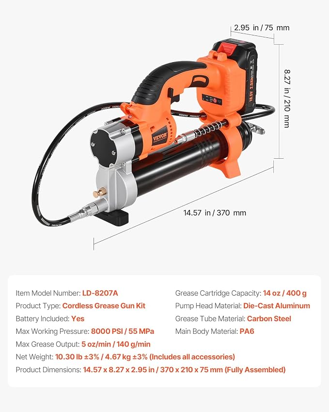 VEVOR Cordless Grease Gun, 8000 PSI Max Pressure, 20V Electric Grease Gun with 2.0 Ah Battery & LED Light, 30-inch Long Hose & Carrying Case, Variable Speed Triggers, Vehicles or Machines Greasing