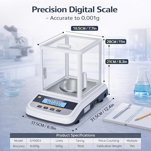Lab Analytical Balance 500g x 0.001g Precision Digital Scale, with Windshield and RS232 Interface, for Scientific Laboratories, Research, Industrial, Kitchen, Food, Jewelry, 19 Units, 500g Weight