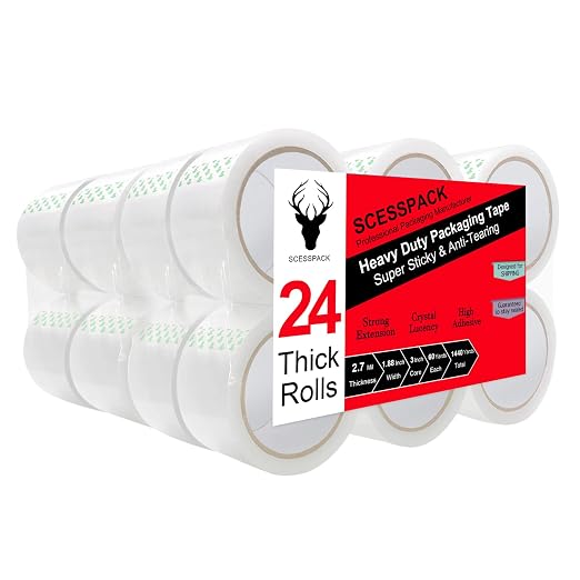 Clear Packing Tape 24 Rolls,2.7mil Heavy Duty Packaging Tape Refills for Shipping Packaging Moving Sealing, 1.88 Inch x 60 yd Per Roll,Total 1440 Yards