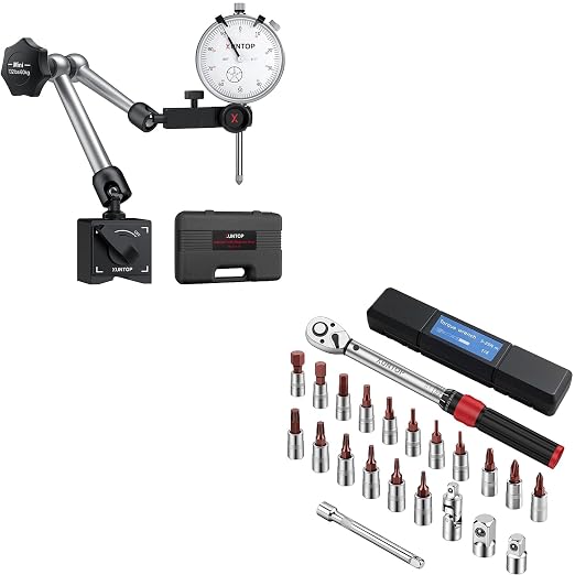 XUNTOP Professional Workshop & Assembly Kit: 1" Dial Indicator & 22Pcs Torque Wrench Set, with 132lbs Magnetic Base, 1/4" Drive, 5-25 Nm Range for CNC, Lathe, Bike, Car, Auto Repair