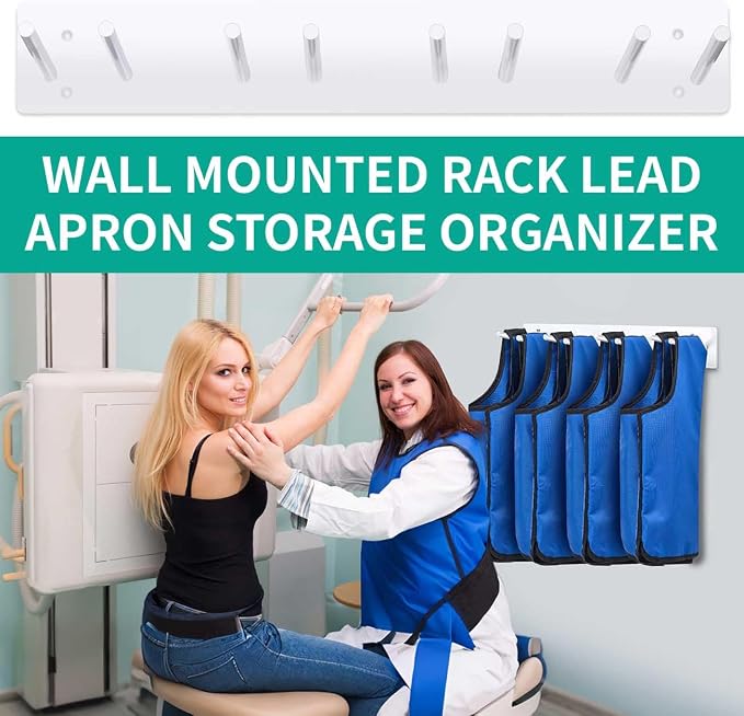 Ecliptica Wall-Mounted X Ray Apron Storage Organizer - 8-Peg Heavy-Duty Hanger Rack 4 Lead Aprons, Durable White Coated Steel Weight Vest Hanger for Hospital, Dental Clinic & Imaging Center