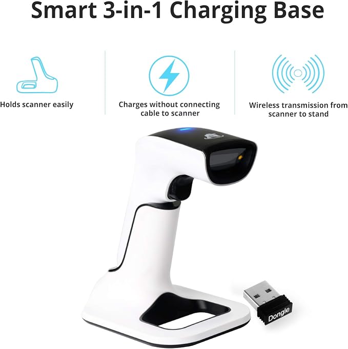 ScanAvenger Wireless Portable 1D&2D with Stand Bluetooth Barcode Scanner: 3-in-1 Handheld Scanner, Rechargeable Battery for Inventory - USB Bar Code/QR Reader (1D&2D with Next Gen Stand)