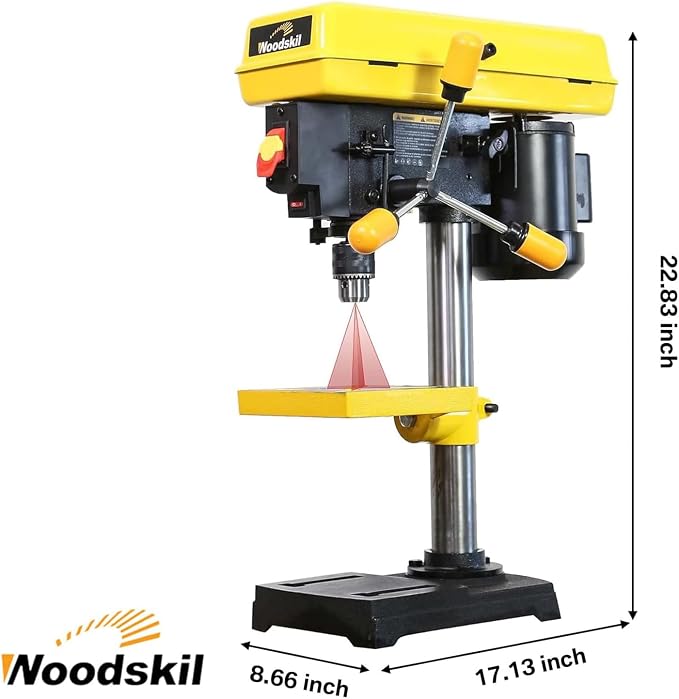 Woodskil 8 Inch Drill Press, 2.3 Amp 5-Speed Bench Drill Press with Laser Guide and Cast Iron Worktable, Bench Top Drilling Machine