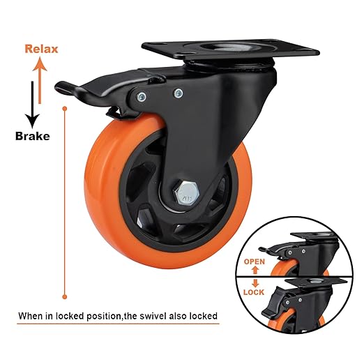 4" Caster Wheels, Casters Set of 4 Heavy Duty - Orange Polyurethane Castors, Top Plate Swivel Wheels, 4-Pack Industrial Casters with Brake, Locking Caster for Furniture and Workbench