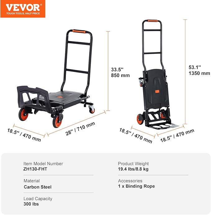 VEVOR Aluminum Folding Hand Truck, 2 in 1 Design 300 Lbs Capacity, Heavy Duty Industrial Collapsible cart, Dolly Cart with Rubber Wheels for Transport and Moving in Warehouse, Supermarket, Garden