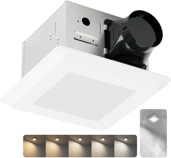 Bathroom Fan with Light and Humidity Sensor: 26W Ceiling Mount Ventilation Fan and LED Light Combo for Bathroom and Home, 100CFM, 5CCT Seletable, Dimmable & Wet Rated, ETL Certified