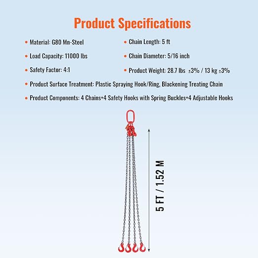 VEVOR Chain Sling, 5/16 Inch X 5 Ft Lifting Chains with Hooks, G80 Engine Chain Hoist Lifts, 11000LBS Lifting Sling Chains for Engine Hoist, Engine Lift Chain 5T with 4 Leg Grab Hooks and Adjusters