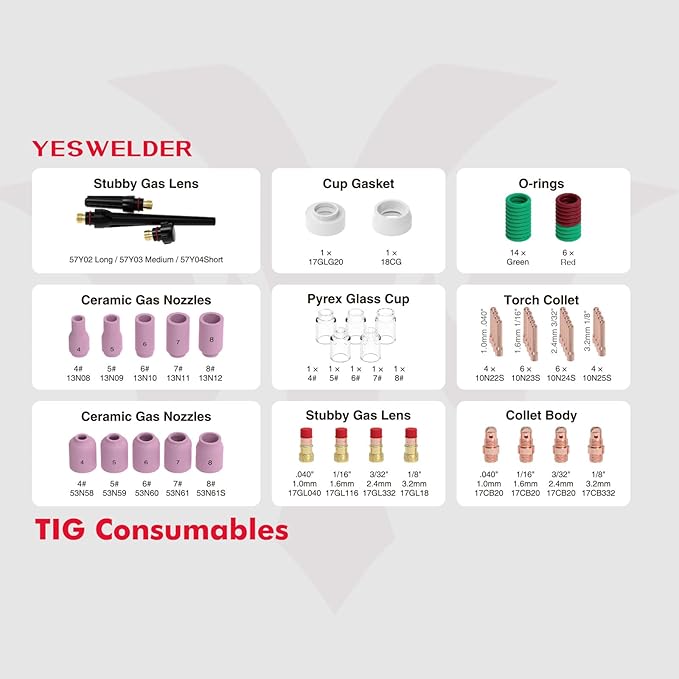 YESWELDER 68 Pcs TIG Welding Torch Stubby Gas Lens Glass Cup Kit For WP-17/18/26