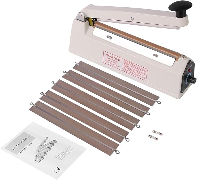 8 Inch Commercial Impulse Bag Heat Sealer Machine | Compact portable heavy duty manual heat sealer with 3mm strip. Solid aluminum build for PE/PP, coffee & snack food bags.