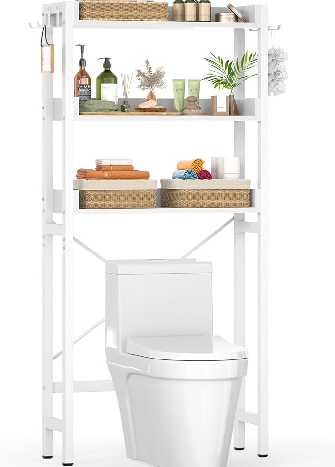 Ecoprsio Over-The-Toilet Storage Rack, 3-Tier Bathroom Organizer Shelf Over Toilet, Freestanding Space Saver Toilet Stands with 4 Hooks, White