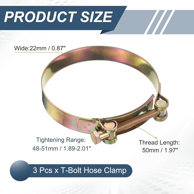 HARFINGTON 3pcs T-Bolt Hose Clamp 48-51mm (1.89-2.01") Galvanized Carbon Steel Adjustable Intake Radiator Pipe Clamps for Automotive Plumbing Industrial Pipes