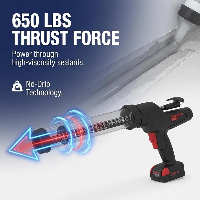Heavy Duty Caulking Gun | 12V Cordless Drive | 20oz Sausage Foil Pack Cartridges 600ml | 450lbs Thrust | No Drip Professional Calking for Painters, DIYers, Automotive, Contractors