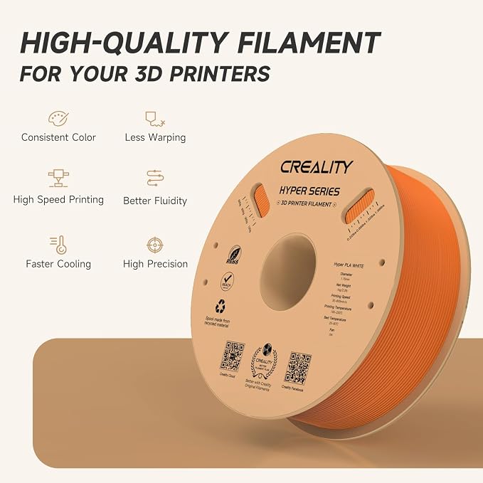 Official CREALITY Hyper PLA Filament 1.75mm, High Speed PLA 30-600mm/s Rapid 3D Printer Filament, Dimensional Accuracy +/-0.02mm, Stronger Toughness, Fit Most FDM 3D Printers，1KG(2.2lbs) Spool Orange