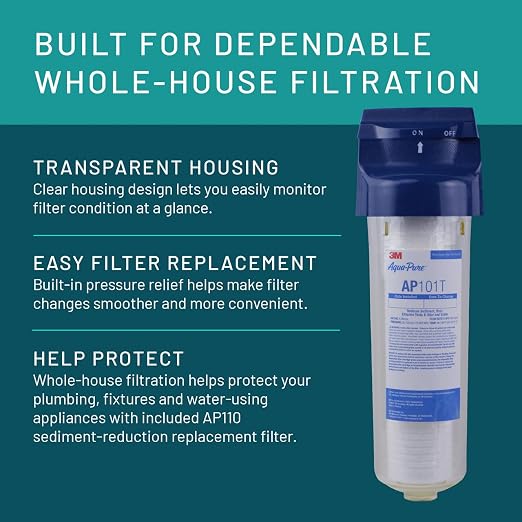 3M Aqua-Pure AP101T Whole House Transparent Water Filter Housing, Ideal for 1-2 Bath Homes, Standard 1-high Drop-in Cartridge