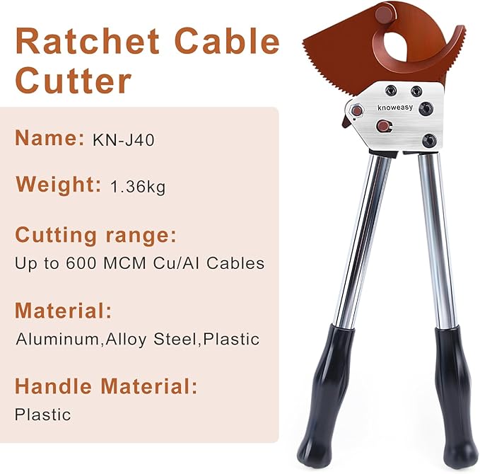 Knoweasy Heavy-Duty Ratcheting Cable Cutters: Efficient J40 Wire Cutter for Large Copper, Aluminum, and Armored Cables up to 300 mm², Perfect for Electrical and Communication Cable Cutting