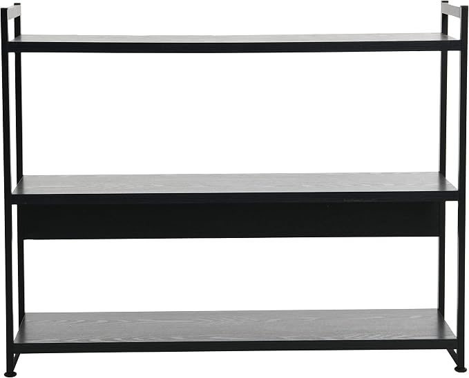 Household Essentials Jamestown Wide 3 Shelf Open Storage Bookshelf Black Oak Wood Grain and Black Metal