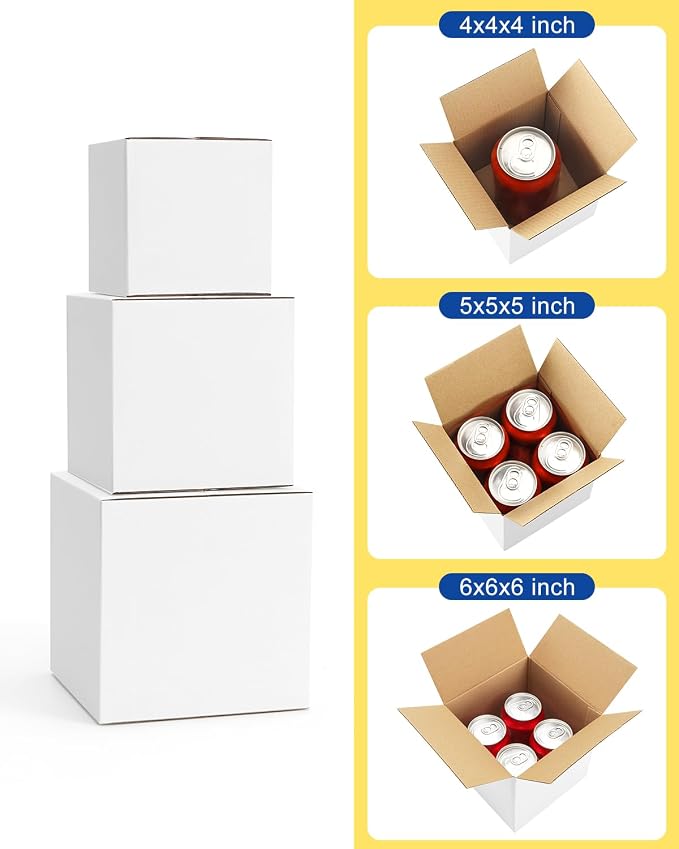 Assorted-Sizes-Shipping-Boxes-45-Pack: 4x4x4 & 5x5x5 & 6x6x6 Small-Shipping-Boxes-Mailers, White Corrugated-Cardboard-Boxes-for-Packing-Small-Business Mailing