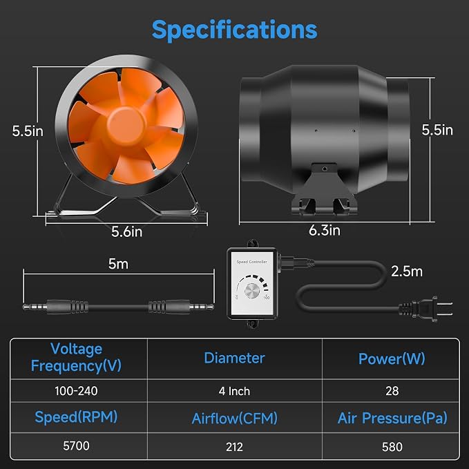 Hon&Guan PRO 4 Inch Inline Duct Fan - 212 CFM with Quiet EC Motor & Speed Controller, Ventilation Exhaust Fan for Heating Cooling, Grow Tents, Hydroponics (Black&Orange)