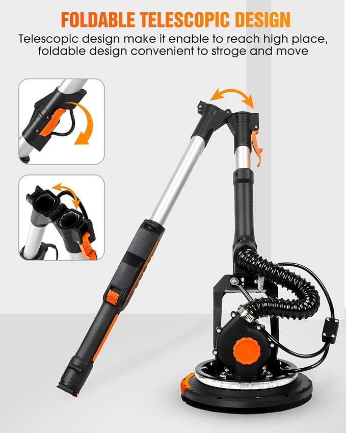 MYTOL Electric Drywall Sander with Vacuum Dust Collection, Variable Speed, LED Light, Foldable Handle, Sanding Discs & Grids