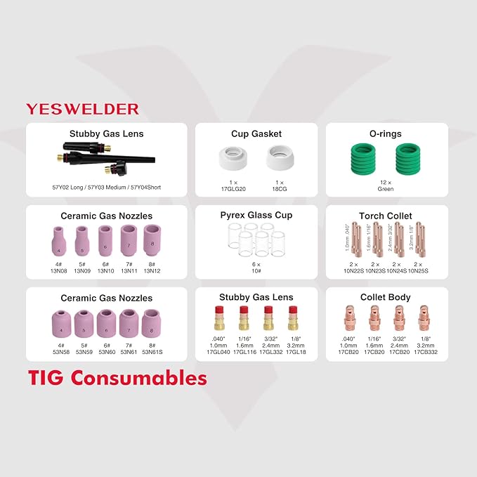 YESWELDER 49Pcs TIG Welding Torch Stubby Gas Lens #10 Glass Cup Kit For WP-17/18/26