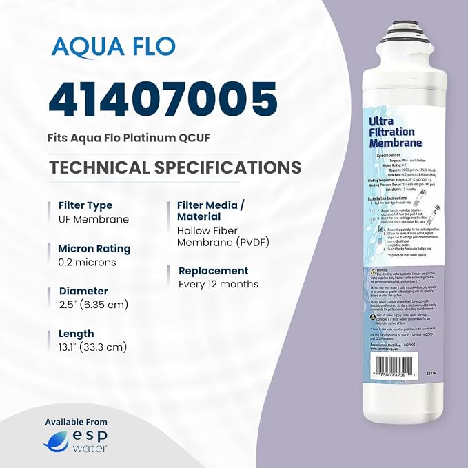Aqua Flo 41407005 UF Membrane Filter Replacement for Platinum QCUF 4 Stage System, Quick Change Ultra Filtration Cartridge, High Performance Long-Lasting Water Filter