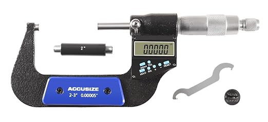 Accusize Industrial Tools 2-3''/50-75 mm by 0.00005''/0.001 mm 7-Key Electronic Digital Micrometer, Water Proof, Ac21-3022 | IP54 Rated, 0.00005"/0.001 mm Resolution, 7-Key, ±0.002" Accuracy
