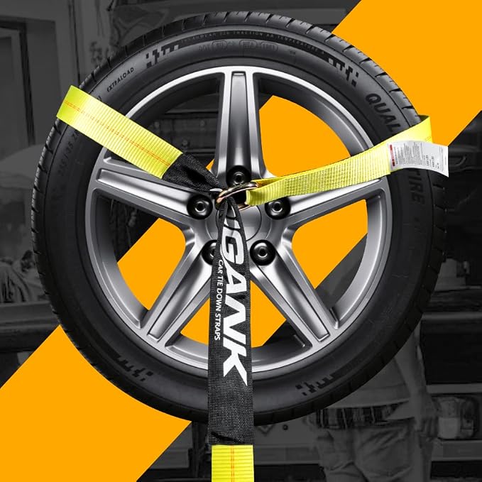 Car Tie Down Straps (4 Pack) for Trailers With Heavy Duty Chain Anchors - 2" x 96" Lasso Style Wheel Strap - 3,300lbs Safe Working Load - Includes 4 Ratchet and 4 Tire Straps