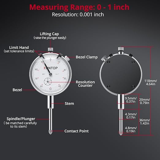 XUNTOP Dial Indicator 1inch/0.001inch with 132lbs/60kg Magnetic Base,Imperial Dial Test Gauge Set for Lathe,3D Printer,CNC,Car,Laboratory