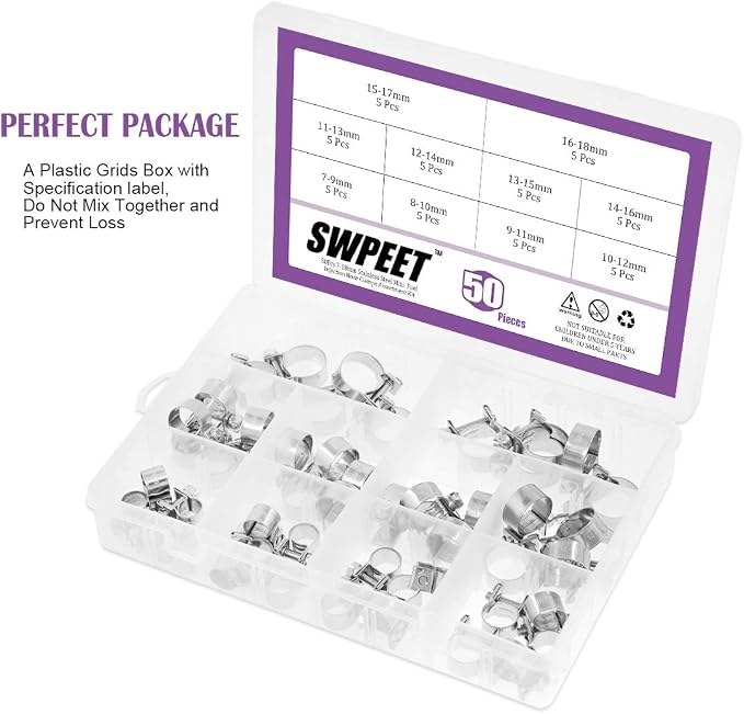 Swpeet 170Pcs Single Ear Hose Clamps and 304 Stainless Steel Hose Clamps