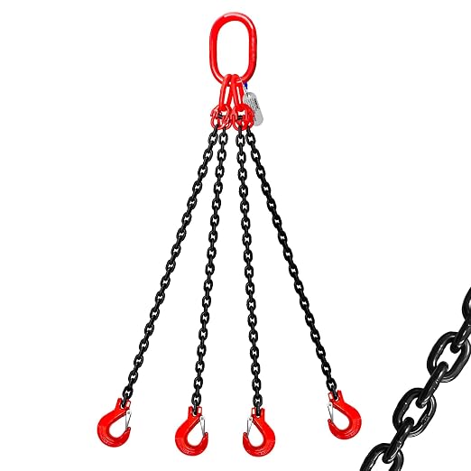 6 Ton Chain Sling 5/16 Inch x 5 Ft G80 Alloy Steel 4 Way Chain Slings Quadruple Leg Slings Lifting with 4 Safety Grab Hooks Lifting Slings Engine Chain Hoist Lifts