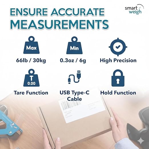 Smart Weigh Digital Postal Shipping Scale, 66 lb Capacity, 0.3 oz Readability, Hold & Tare Function, High-Accuracy Scale, Includes Batteries & USB-C